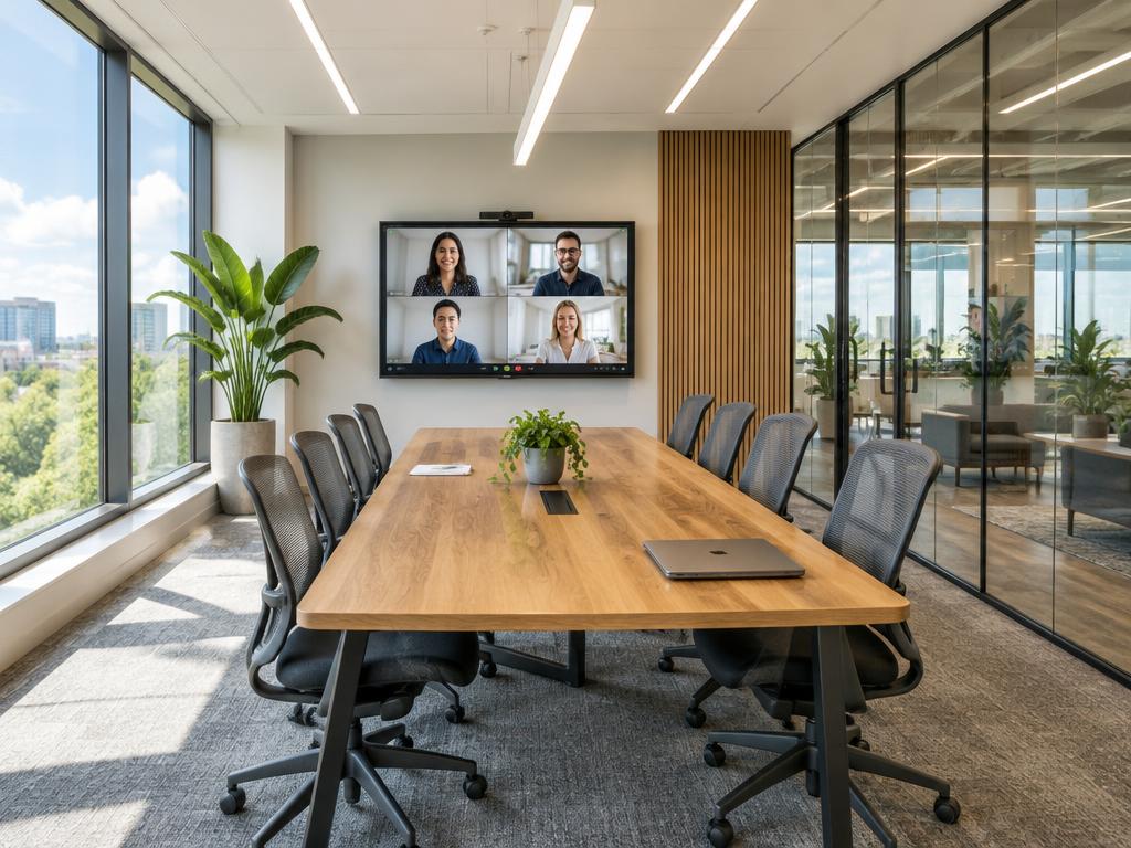 A meeting room set up for hybrid calls
